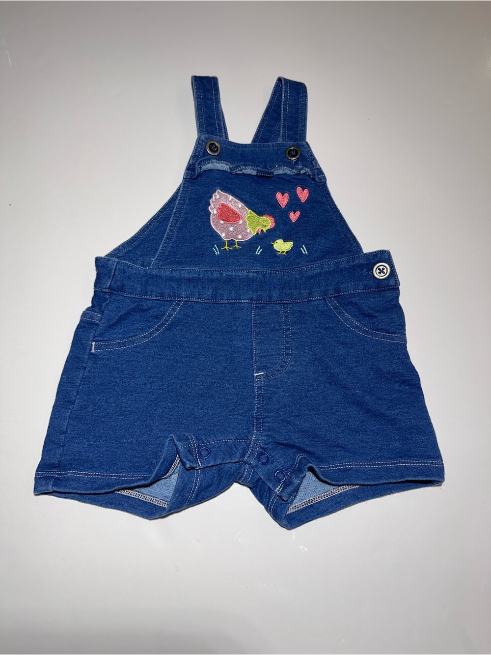 John Deere Baby Girls' Blue Denim-Style Shortall Overalls with Chick Embroidery